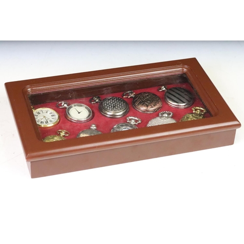 281 - A collection of ten contemporary pocket watches contained within a display case.