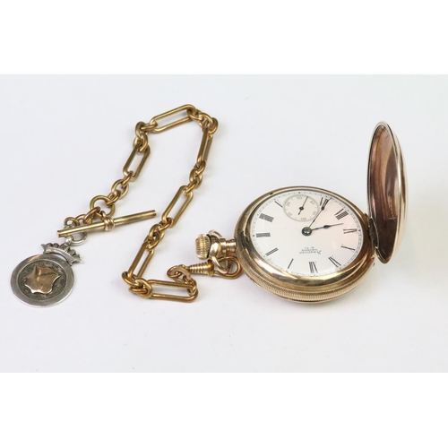 287 - A gold plated full hunter pocket watch together with fancy link albert chain.