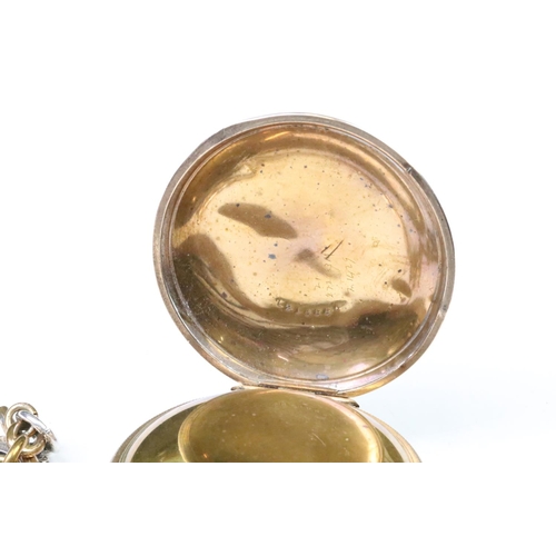 287 - A gold plated full hunter pocket watch together with fancy link albert chain.