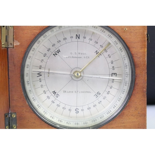 183 - An antique wooden cased compass, maker marked for G.S. Wood of Liverpool.