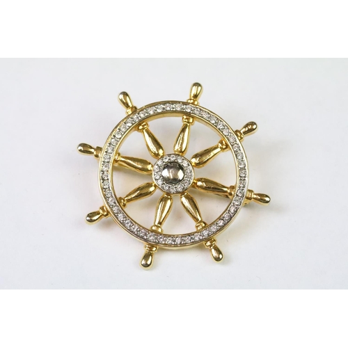 226 - Collection of Seven Brooches including Enamel Yacht and Trumpet plus Ships Wheel, Bull, etc