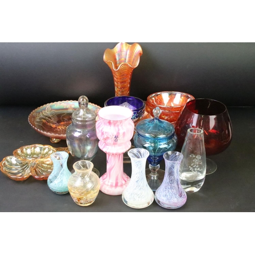 91 - Collection of assorted 20th Century glass to include assorted Caithness vases (unmarked), carnival g... 