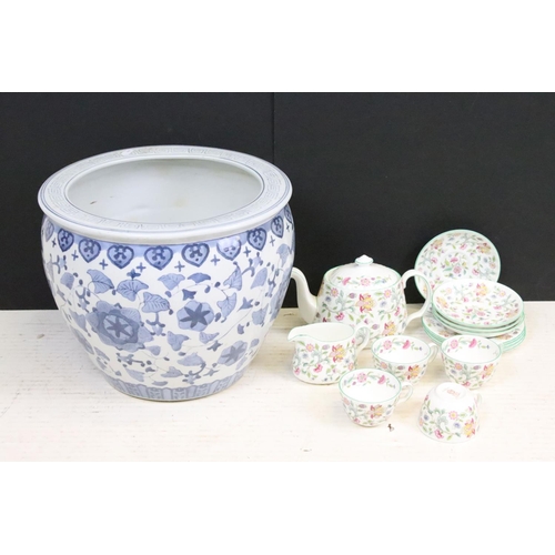 109 - Chinese ceramic blue and white gold fish bowl planter together with a Minton Haddon Hall pattern par... 