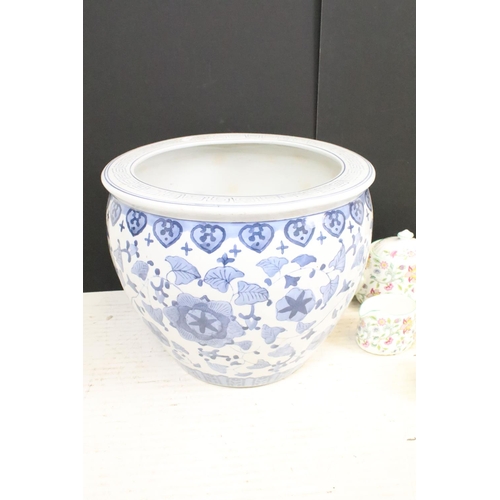 109 - Chinese ceramic blue and white gold fish bowl planter together with a Minton Haddon Hall pattern par... 