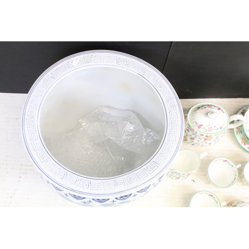 109 - Chinese ceramic blue and white gold fish bowl planter together with a Minton Haddon Hall pattern par... 