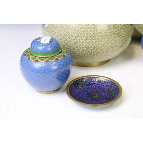 343 - Group of Chinese cloisonne items, 6 pieces, to include a matching vase & plate with cherry blossom d... 