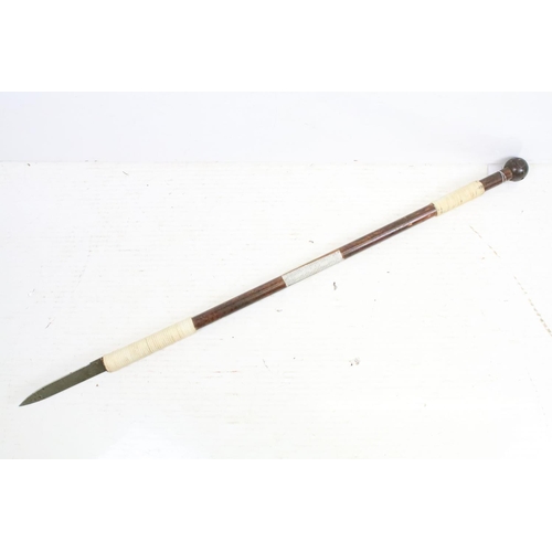 348 - Wooden tribal style spear & club, with rope grips. Spear approx 123cm long