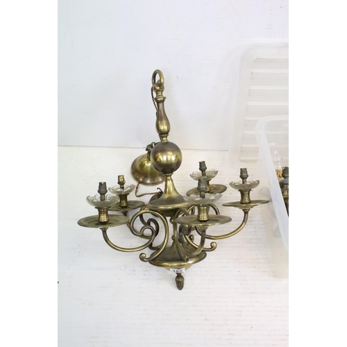 385 - A pair of brass five branch ceiling lights together with two pairs of two branch wall lights.