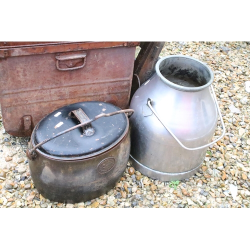 534 - Two metal trunks, together with two churns, a cast iron pot and a Slingsby wooden sack truck