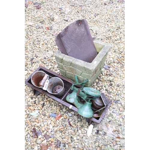 535 - Reconstituted stone planter, together with a feeding trough, cast iron scales (with weights), etc