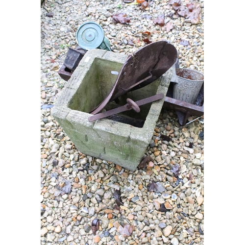 535 - Reconstituted stone planter, together with a feeding trough, cast iron scales (with weights), etc