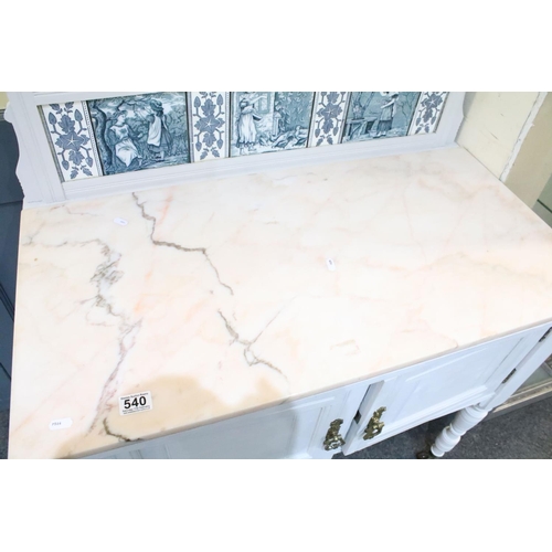 540 - Late 19th / Early 20th century White Painted Washstand with tiled backsplash and marble top, two pot... 