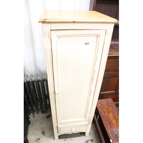 660 - Painted pine store cupboard with drawer beneath, 45cm wide x 40cm deep x 136cm high