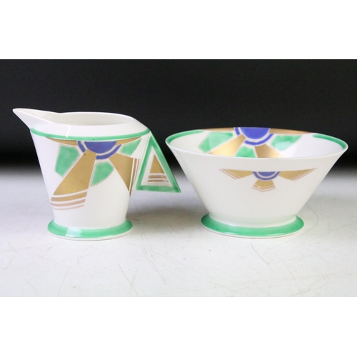 11 - Shelley Art Deco Vogue Sunray pattern sugar bowl & milk jug, pattern no. 11747, in blue, green & gil... 