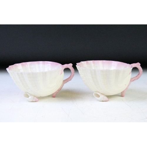 19 - Late 19th / early 20th C Belleek Porcelain 'Neptune' pink shell pattern cabaret tea set for two, com... 