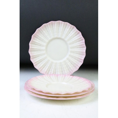 19 - Late 19th / early 20th C Belleek Porcelain 'Neptune' pink shell pattern cabaret tea set for two, com... 