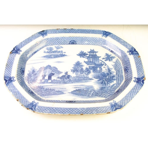 23 - 19th Century blue & white chinoiserie serving platter of octagonal form, with transfer printed Chine... 