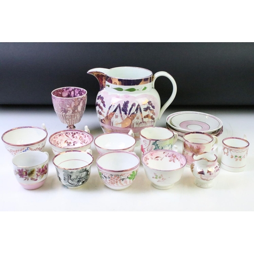 29 - Collection of 19th century pink lustre ware ceramics to include jugs, teacups, mugs, goblets, tea pl... 