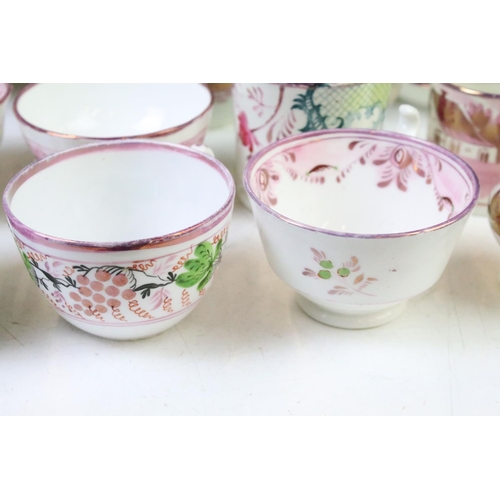 29 - Collection of 19th century pink lustre ware ceramics to include jugs, teacups, mugs, goblets, tea pl... 