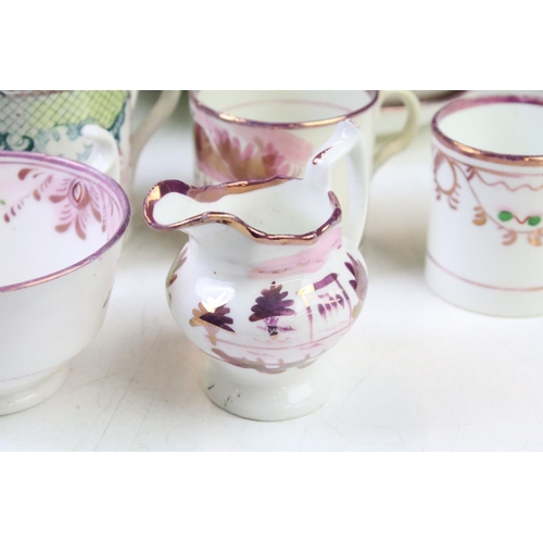 29 - Collection of 19th century pink lustre ware ceramics to include jugs, teacups, mugs, goblets, tea pl... 