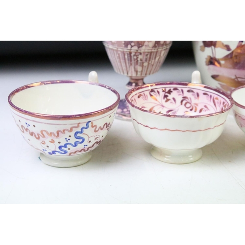 29 - Collection of 19th century pink lustre ware ceramics to include jugs, teacups, mugs, goblets, tea pl... 