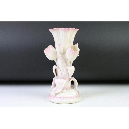 4 - Late 19th / early 20th C Belleek pink tulip pattern vase, the central reeded trumpet bordered with t... 