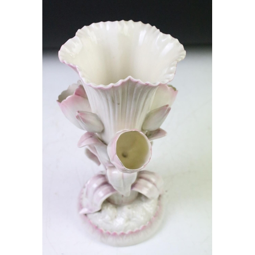 4 - Late 19th / early 20th C Belleek pink tulip pattern vase, the central reeded trumpet bordered with t... 