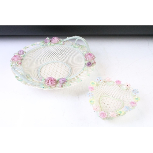 5 - Belleek circular reticulated basket with rose & clover decoration (approx 26cm wide), together with ... 