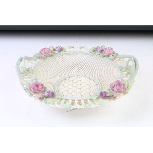 5 - Belleek circular reticulated basket with rose & clover decoration (approx 26cm wide), together with ... 