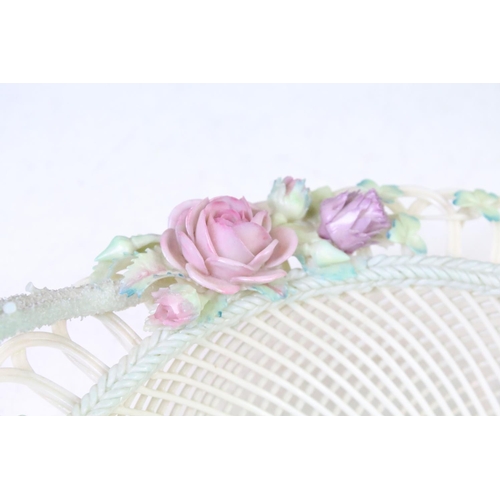 5 - Belleek circular reticulated basket with rose & clover decoration (approx 26cm wide), together with ... 