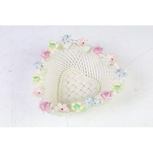 5 - Belleek circular reticulated basket with rose & clover decoration (approx 26cm wide), together with ... 