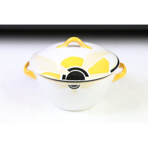 8 - Shelley Art Deco Yellow & Black Sunray Pattern (no. 11742) lidded twin-handled bowl & stand, printed... 