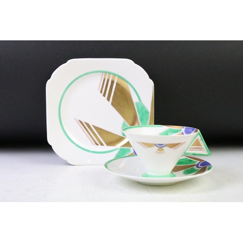 9 - Shelley Art Deco Vogue Sunray pattern trio, in blue, green & gilt, pattern 11747, comprising cup, sa... 