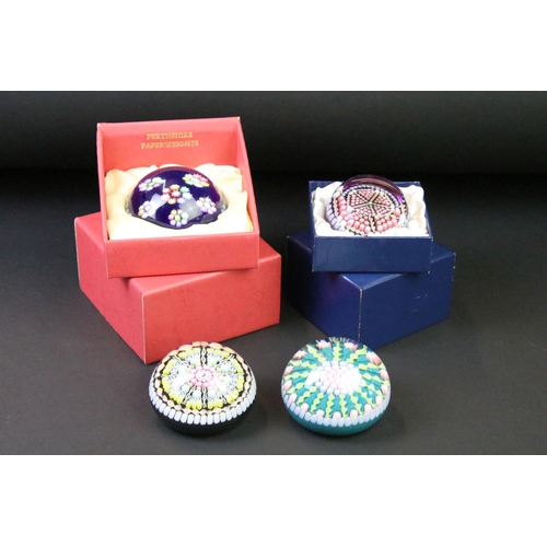 37 - Four Perthshire Glass millefiori paperweights, with central 'P' canes, featuring two boxed examples,... 