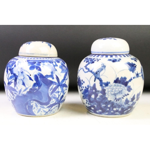 43 - Two Chinese blue & white ceramic ginger jars with covers, decorated with flowers and birds perched o... 