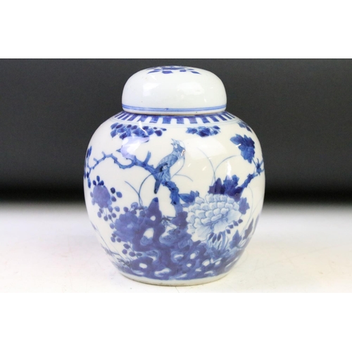 43 - Two Chinese blue & white ceramic ginger jars with covers, decorated with flowers and birds perched o... 