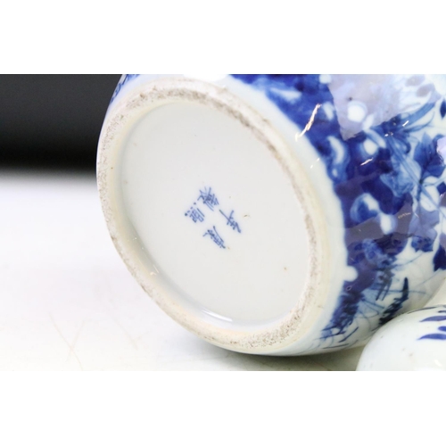 43 - Two Chinese blue & white ceramic ginger jars with covers, decorated with flowers and birds perched o... 