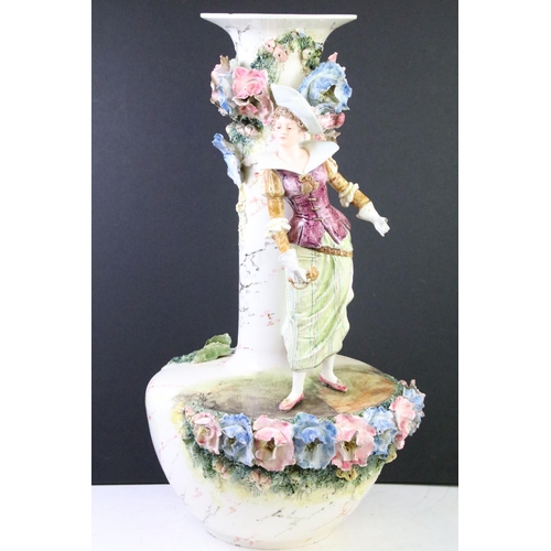 84 - 20th Century large ceramic centre piece vase having an applied figure of a woman with floral encrust... 