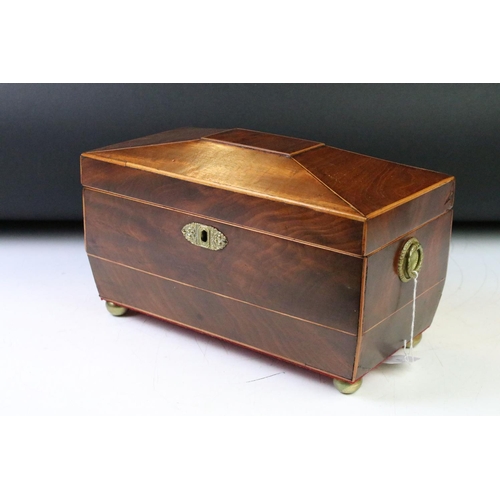 86 - 19th Century mahogany sarcophagus tea caddy opening to reveal two lead lined boxes within and cut gl... 