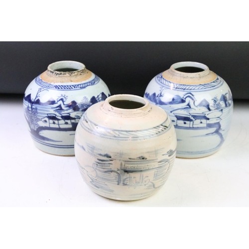 91 - Three 19th Century Chinese blue and white ginger jars each being hand painted with under glazed land... 