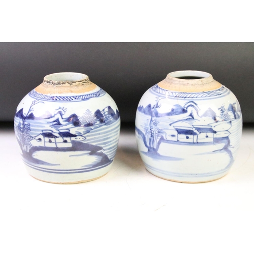 91 - Three 19th Century Chinese blue and white ginger jars each being hand painted with under glazed land... 