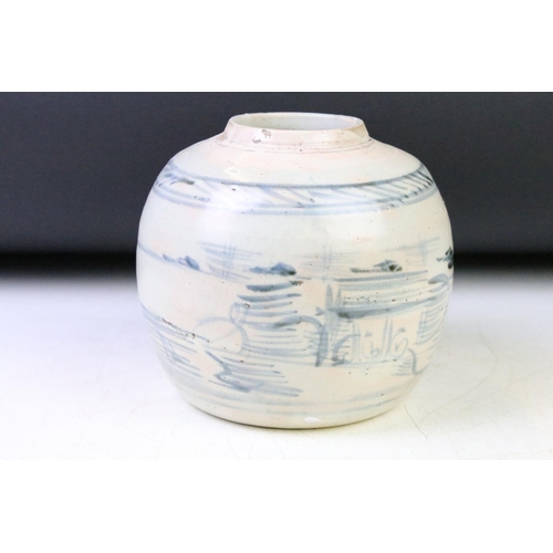 91 - Three 19th Century Chinese blue and white ginger jars each being hand painted with under glazed land... 