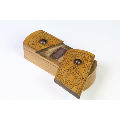 100 - A Victorian wooden vesta case puzzle box of rectangular form with bowed ends, unfolds to reveal stri... 