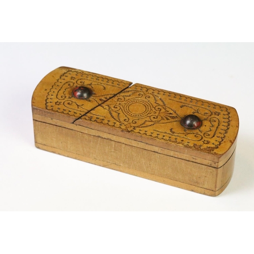 100 - A Victorian wooden vesta case puzzle box of rectangular form with bowed ends, unfolds to reveal stri... 