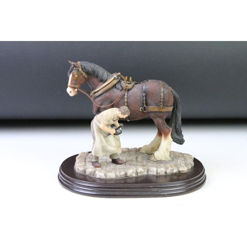 114 - Group of equestrian horse related figurines to include a Royal Doulton single brown horse on base, t... 