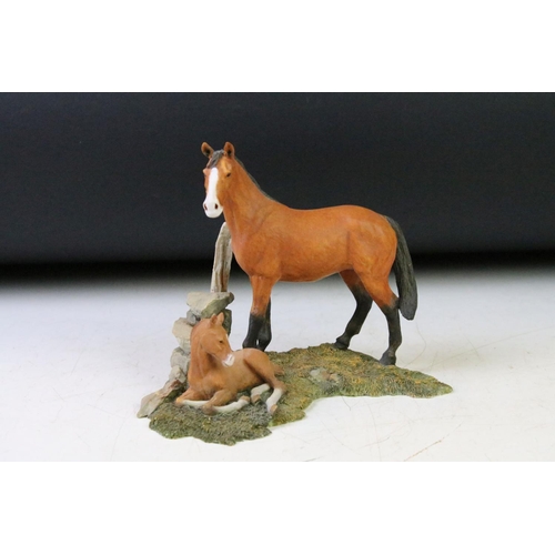 114 - Group of equestrian horse related figurines to include a Royal Doulton single brown horse on base, t... 