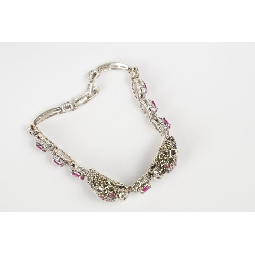 221 - Silver Marcasite and Ruby Bracelet