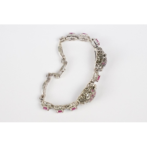 221 - Silver Marcasite and Ruby Bracelet