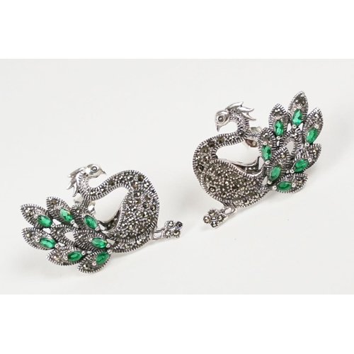 225 - Pair of Silver Marcasite and Emerald set Earrings in the form of Swans