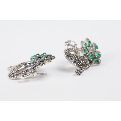 225 - Pair of Silver Marcasite and Emerald set Earrings in the form of Swans